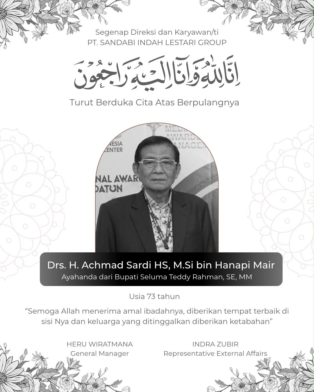 Ucapan duka ayahanda Bupati Seluma