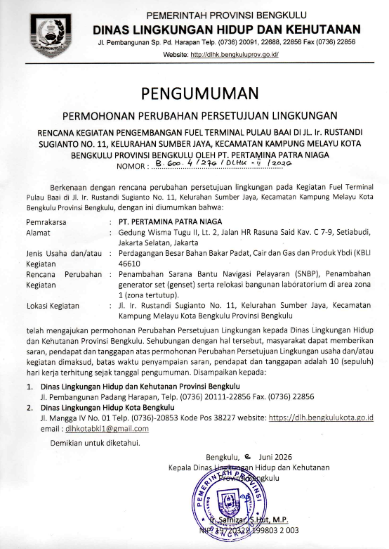 Pengumuman Permohonan Perubahan Persetujuan Lingku