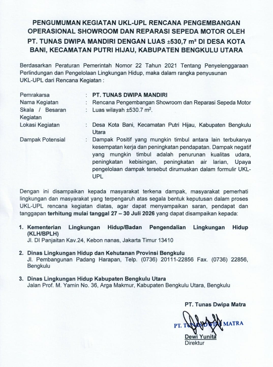Pengumuman Kegiatan UKL-UPL