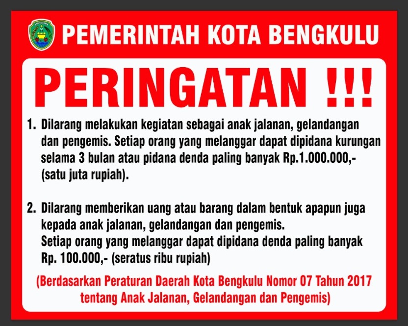 Langgar Perda, Pengemis dan Pemberi Uang di Bengkulu Terancam Disidang