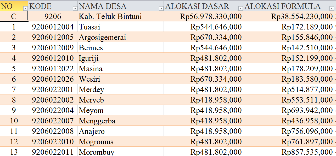 Tabel Rincian Dana Desa 2024 Kabupaten Teluk Bintuni, Papua Barat: Ini Lengkapnya