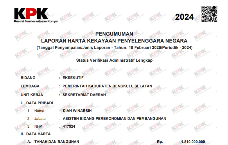 Kekayaan Asisten 2 Bengkulu Selatan Diah Winarsih Tembus Rp2 Miliar, Warisan Jadi Aset Terbesar