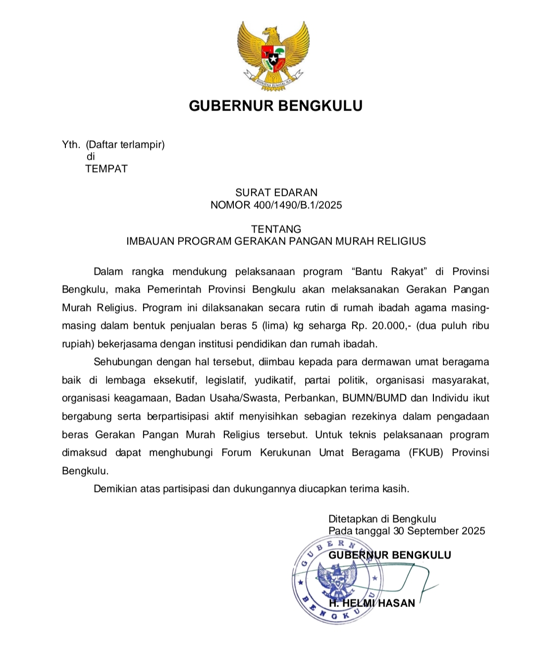 Pemprov Bengkulu Luncurkan Program Gerakan Pangan Murah Religius, Beras 5 Kg Cuma Rp20 Ribu di Rumah Ibadah