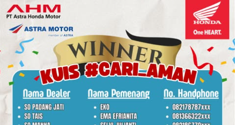 Honda Bengkulu Umumkan Pemenang Kuis #Cari_Aman, Dapat Saldo Rp100 Ribu
