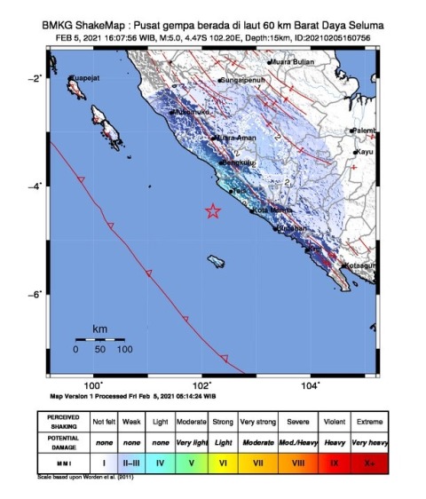 Gempa Berkekuatan M 5,0 Guncang Bengkulu