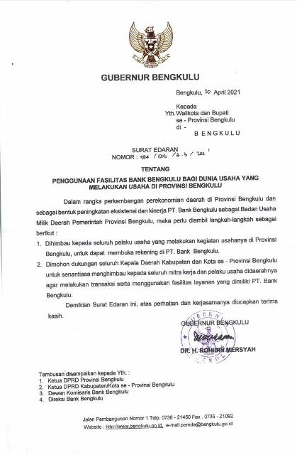Gubernur Bengkulu Terbitkan SE, Imbau Pelaku Usaha Gunakan Rekening Bank Bengkulu