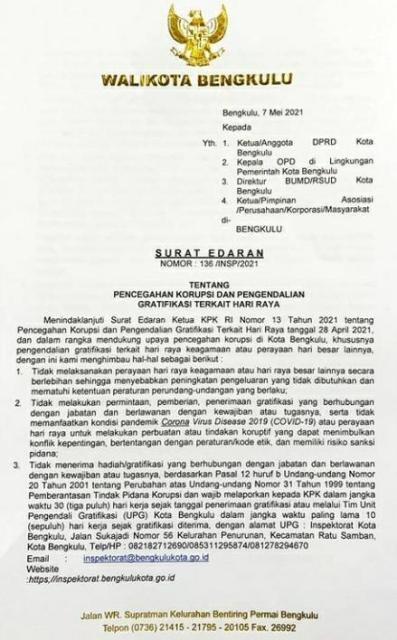 ASN di Kota Bengkulu Dilarang Terima Gratifikasi Lebaran