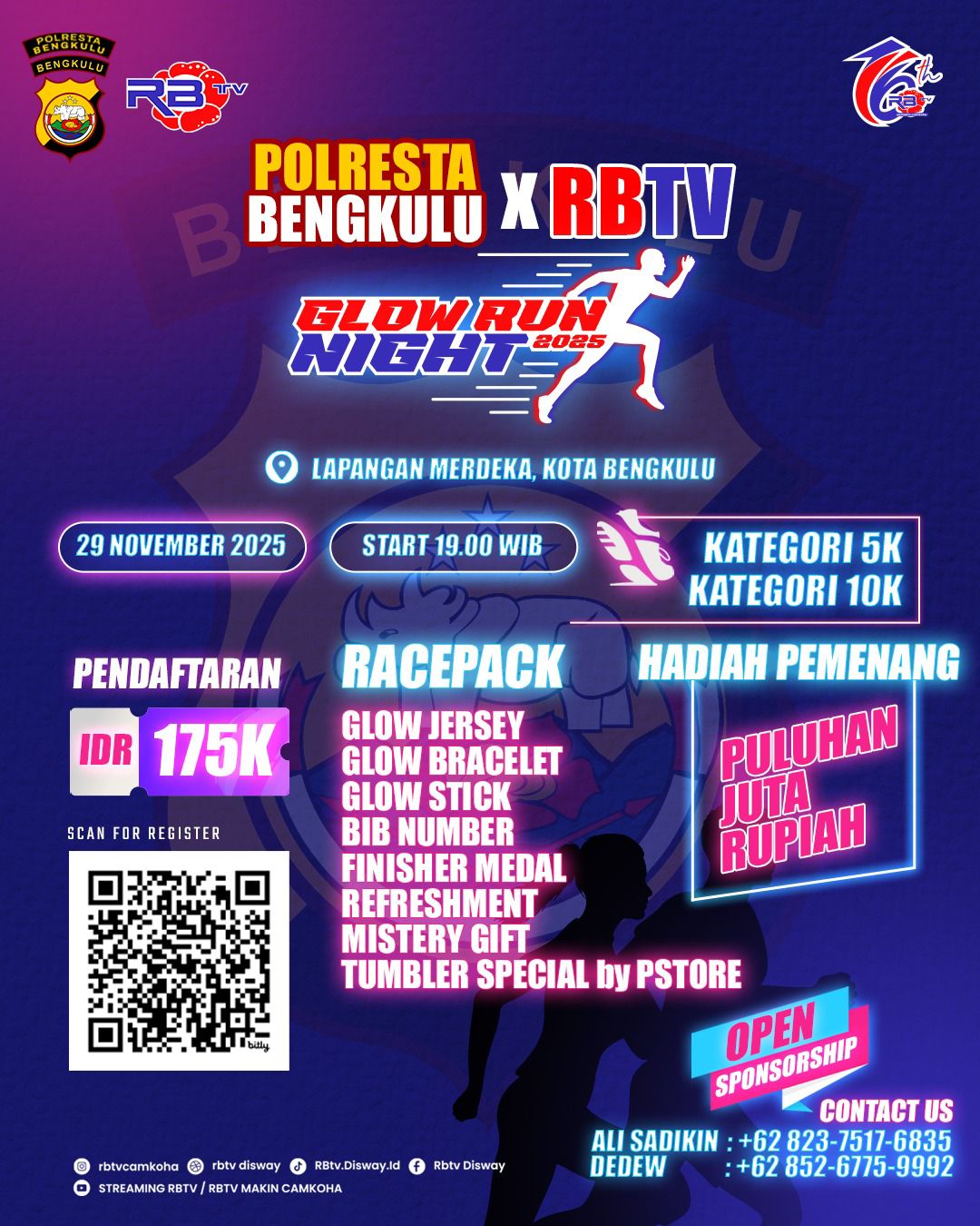 Kolaborasi Seru RBTV X Polresta Bengkulu, Glow Run Night 2025 Siap Bikin Malam Bersinar, Daftar Segera!
