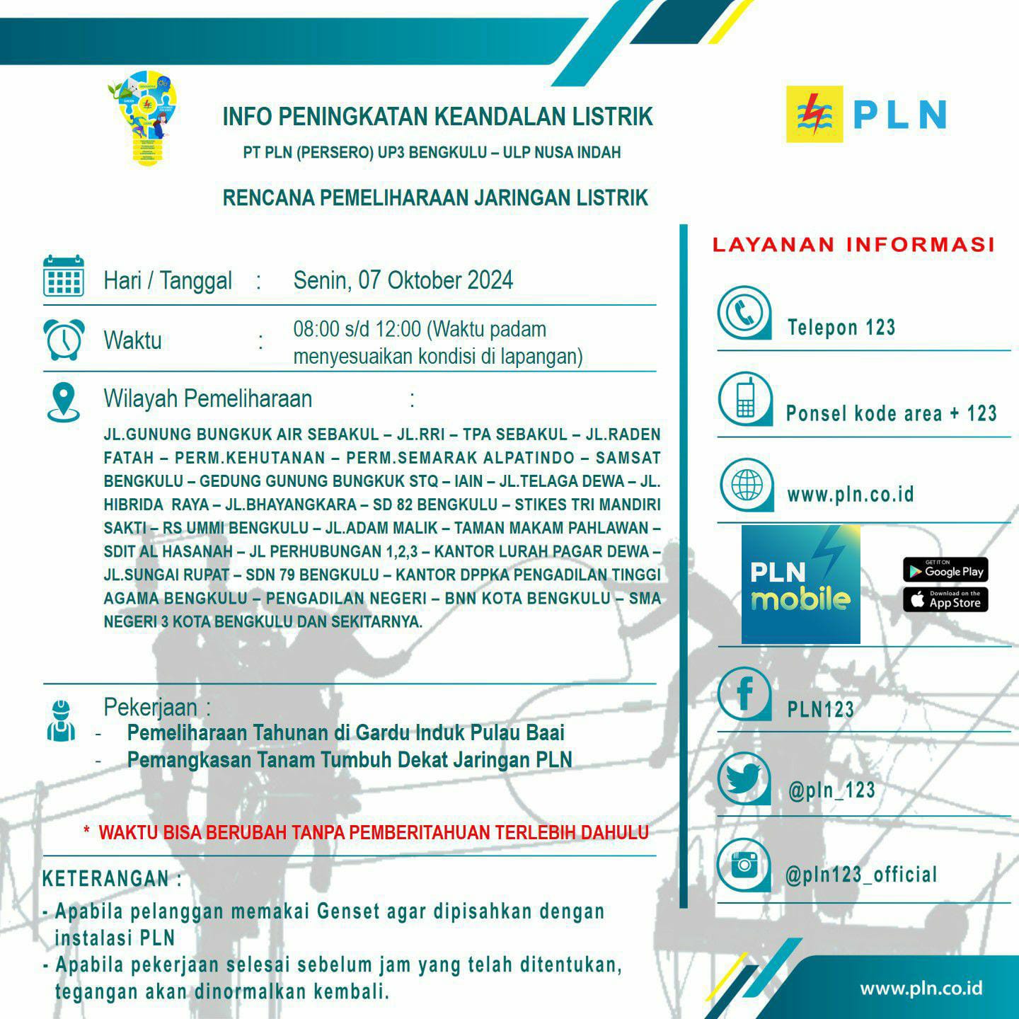 Info Pemadaman Listrik, 7 Oktober 2024: Berikut Sebagian Wilayah Kota Bengkulu yang Terdampak