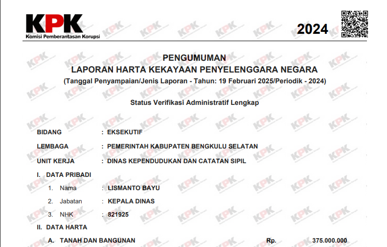 Kekayaan Terkecil di Antara Pejabat Eselon II Bengkulu Selatan, Lismanto Bayu Laporkan Hanya Rp382 Juta ke KPK