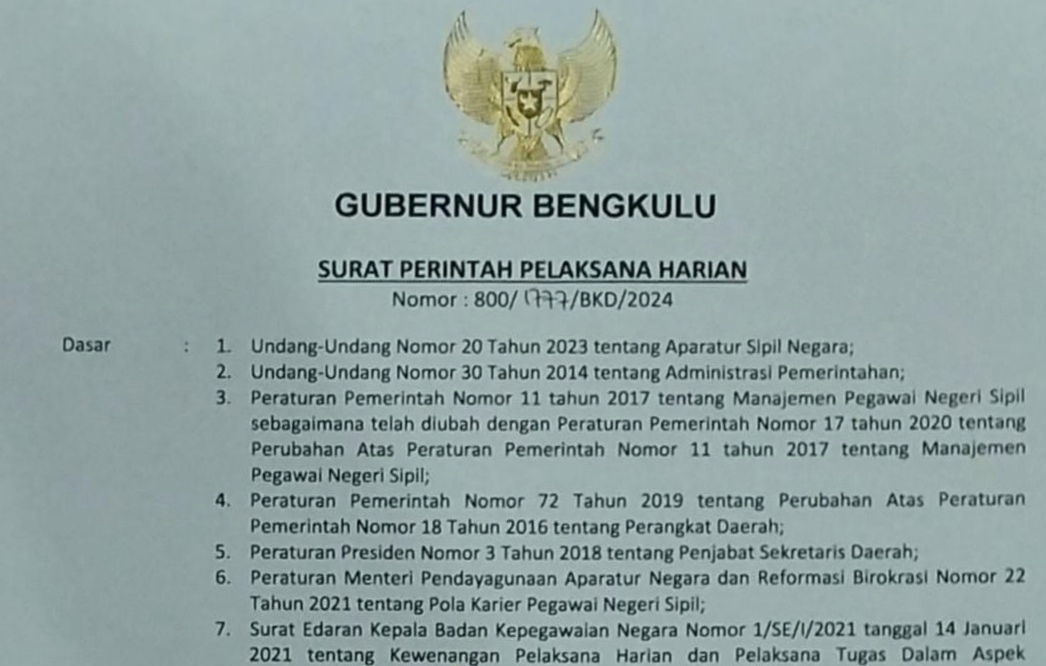 Plt Gubernur Bengkulu Tunjuk Haryadi Sebagai Plh Sekda, Ini Tugasnya