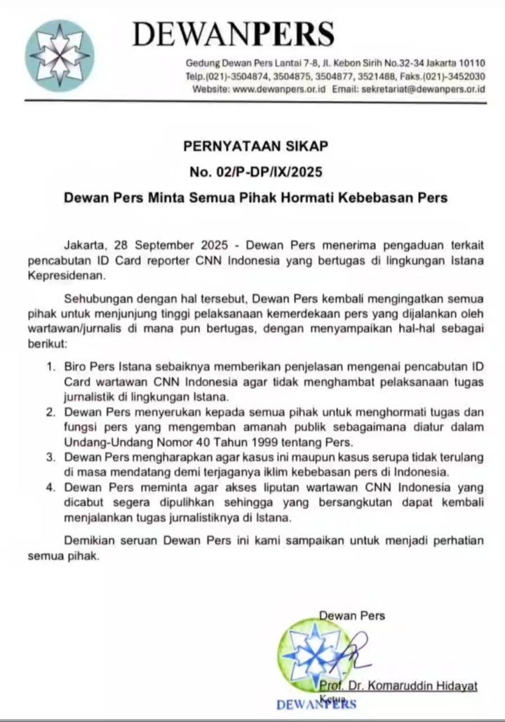 Dewan Pers Minta Kebebasan Pers Dihormati Terkait Pencabutan ID Card Reporter CNN Indonesia   
