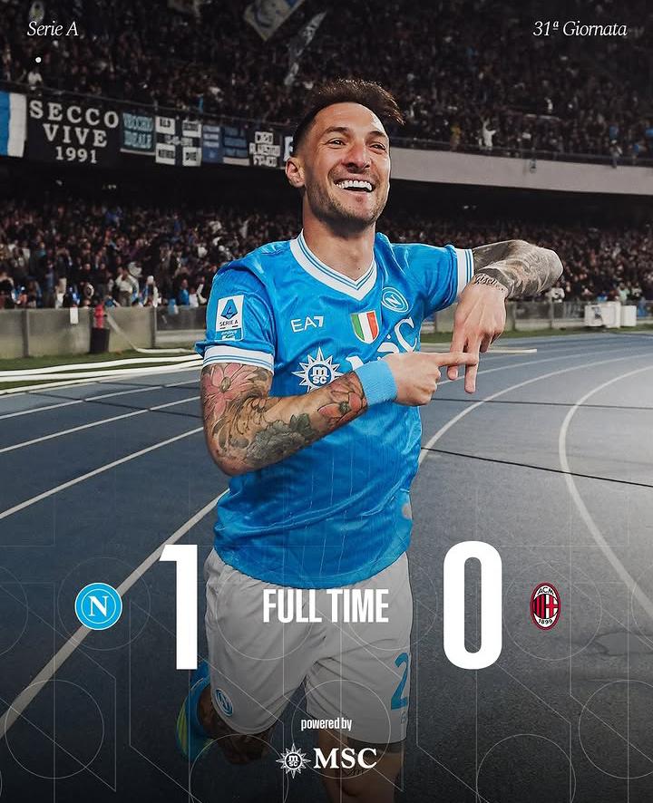 Napoli Kudeta Posisi AC Milan di Peringkat Kedua Usai Menang Tipis 1-0