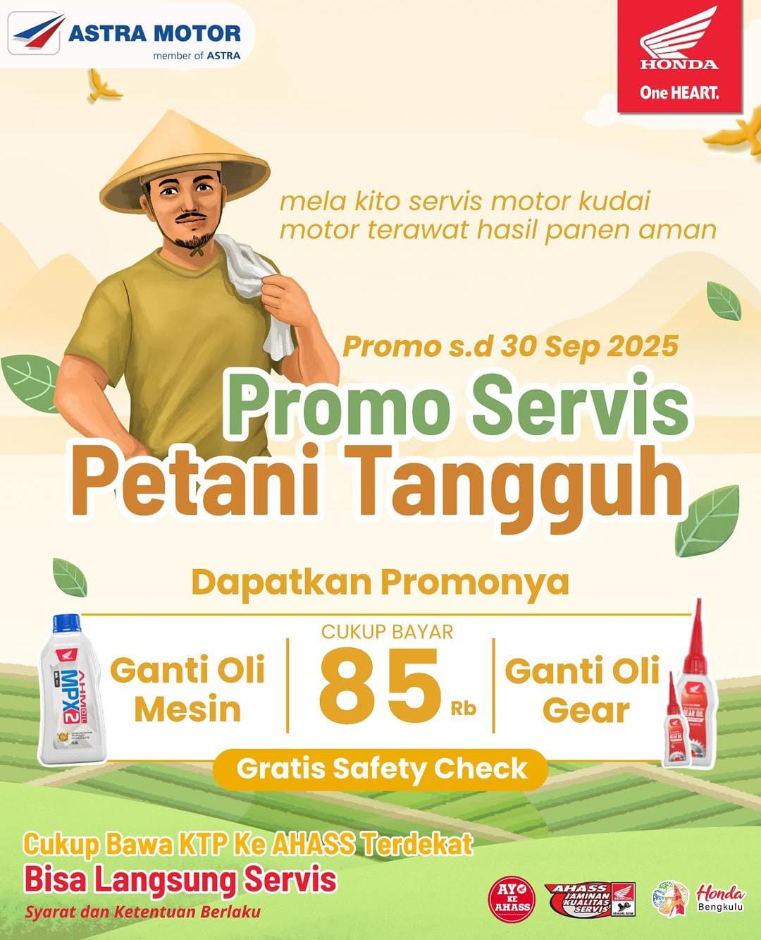 Promo Servis Petani Tangguh di AHASS Bengkulu, Bayar Rp 85 Ribu Dapat Banyak Keuntungan