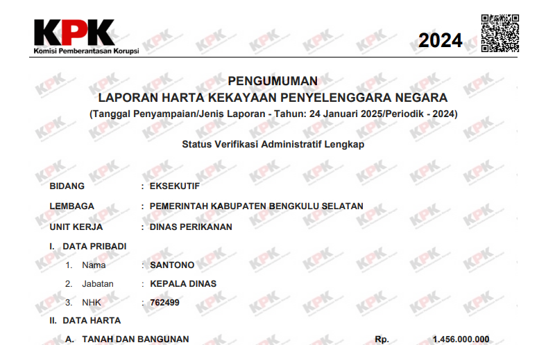 Kepala Dinas Perikanan Bengkulu Selatan, Santono, Laporkan Kekayaan Hampir Rp1,9 Miliar ke KPK