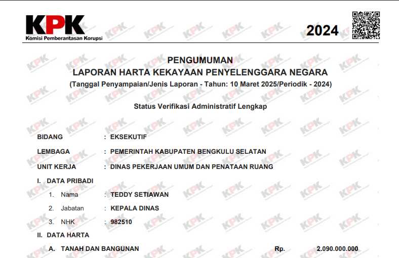 Kepala Dinas PUPR Bengkulu Selatan Laporkan Kekayaan Rp2,6 Miliar, Masuk Daftar Pejabat Terkaya Kelima