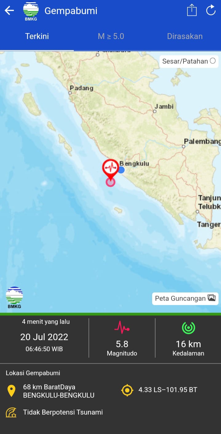 Gempa M 5,8 Guncang Bengkulu Rabu Pagi, Masyarakat Diimbau Tenang