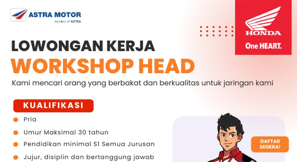Astra Motor Bengkulu Buka Lowongan Kerja untuk Posisi Workshop Head, Cek Syarat dan Cara Daftarnya!