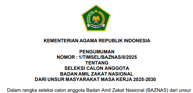 Seleksi Anggota BAZNAS 2025–2030 Dibuka, Ini Materi Ujian yang Harus Dikuasai