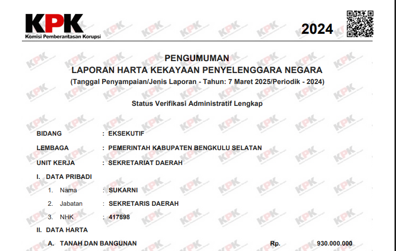 Terbuka Soal Kekayaan, Sekda Bengkulu Selatan Laporkan Harta Hampir Rp2 Miliar ke KPK