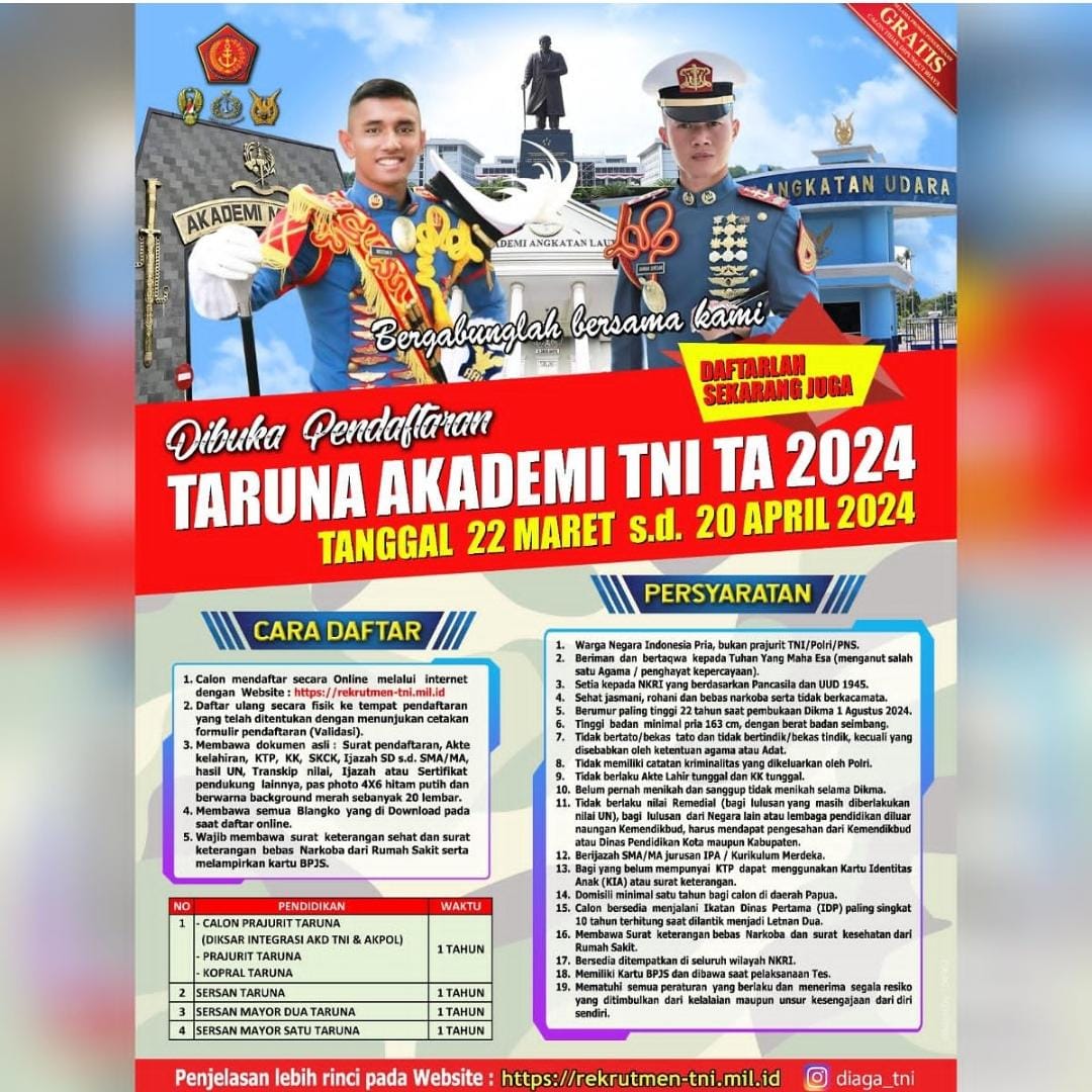 Kabar Gembira! Pendaftaran Taruna Akademi TNI 2024 Sudah Dibuka, Begini Caranya