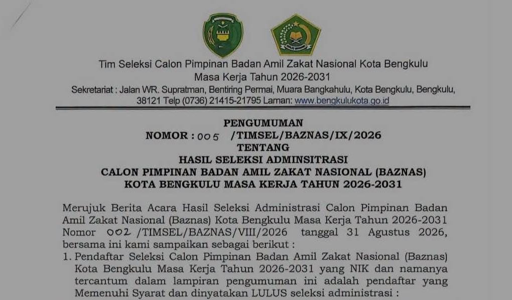 15 Nama Lolos Seleksi BAZNAS Kota Bengkulu, Siapa yang Berpeluang Memimpin?