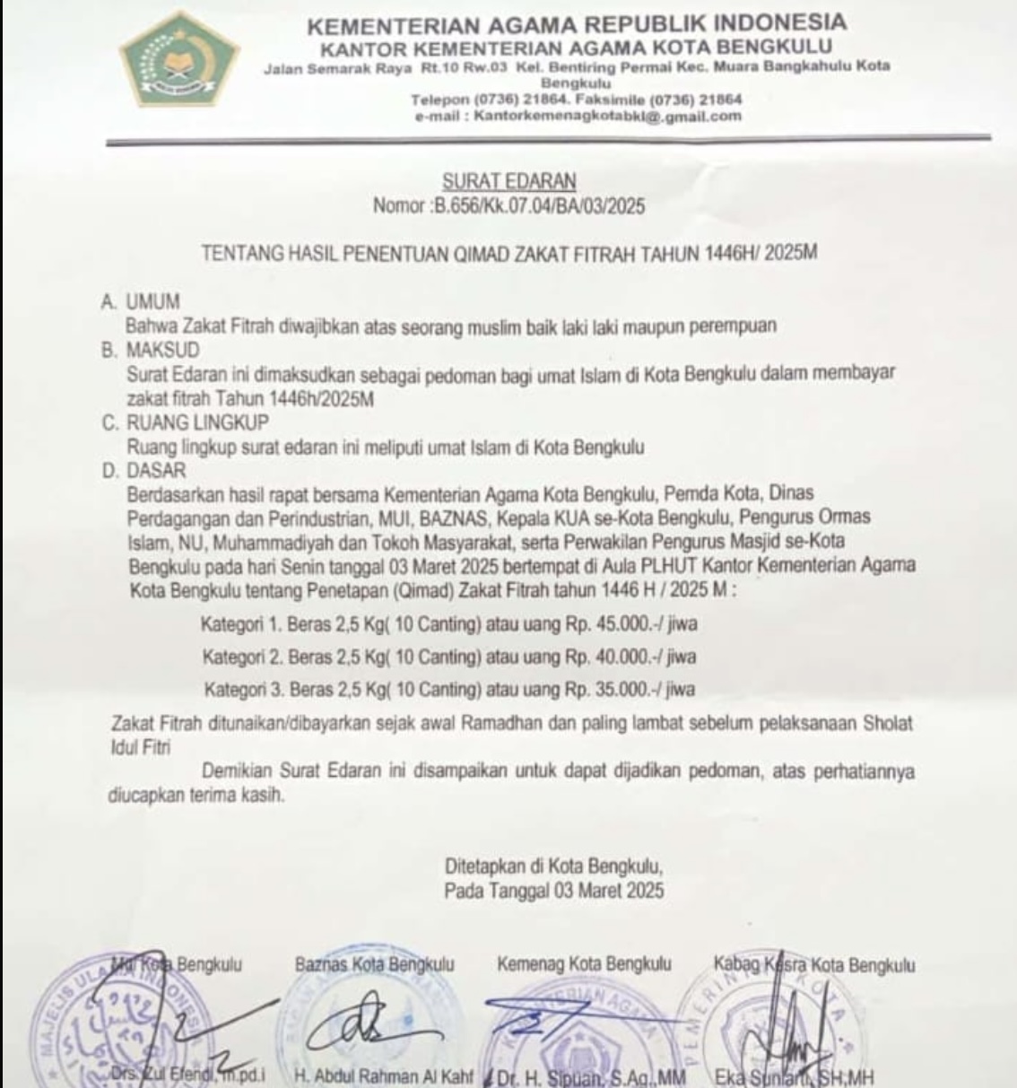 Penetapan Zakat Fitrah Tahun 1446 H/2025 M di Kota Bengkulu