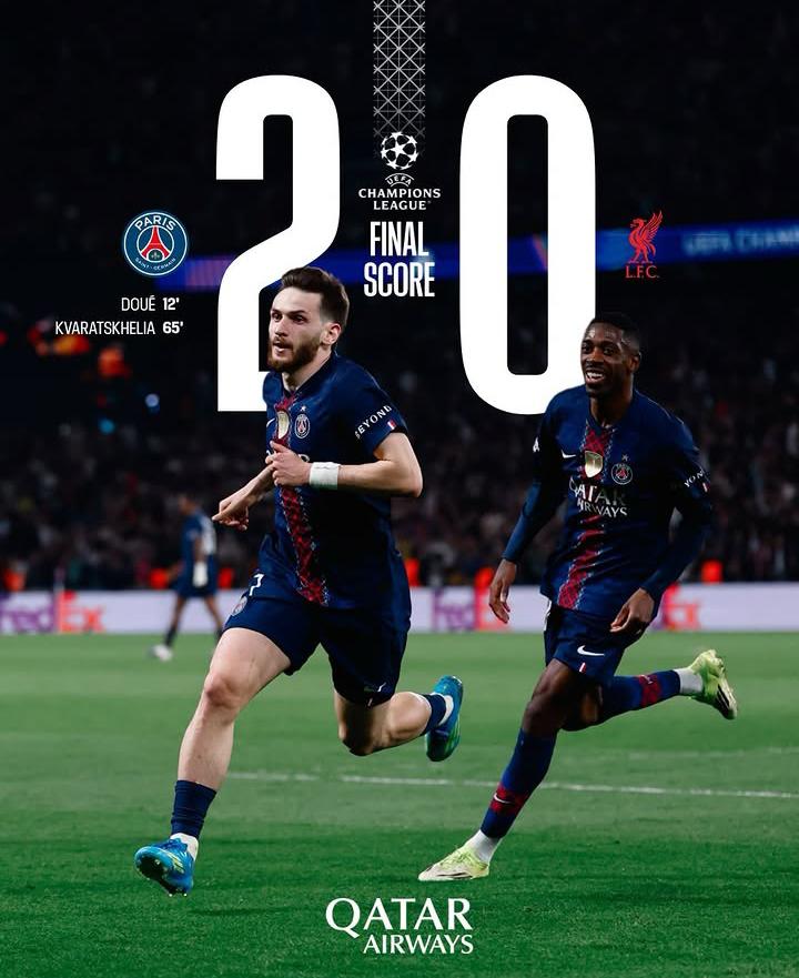 PSG Berjaya di Leg Pertama Perempat Final, Bungkam Liverpool 2-0 Lewat Gol Doue dan Kvaratskhelia