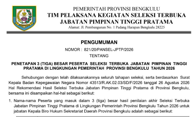 3 Nama Berebut Kursi Kepala Biro Hukum Pemprov Bengkulu, Siapa yang Lolos?