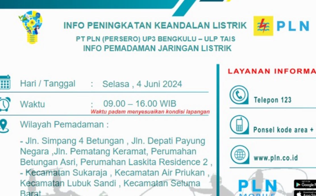 Listrik di Sebagian Wilayah Seluma Ini Padam hingga Sore Hari, Berikut Lokasi dan Waktunya