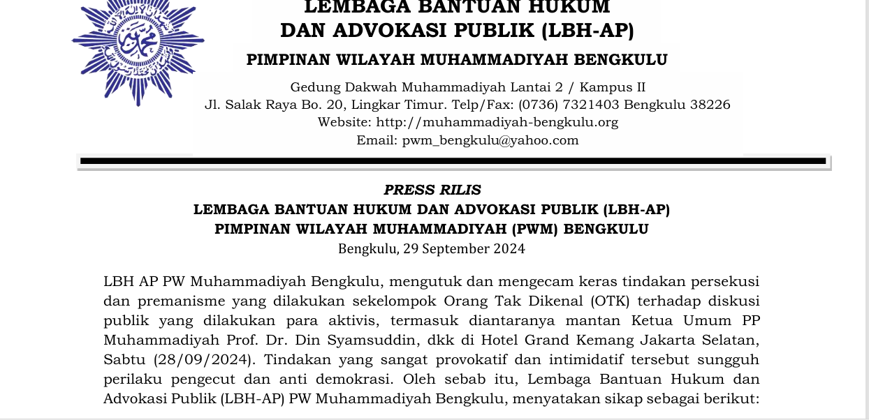 LBH-AP Muhammadiyah Bengkulu Mengecam Keras Tindakan Persekusi Terhadap Diskusi Publik