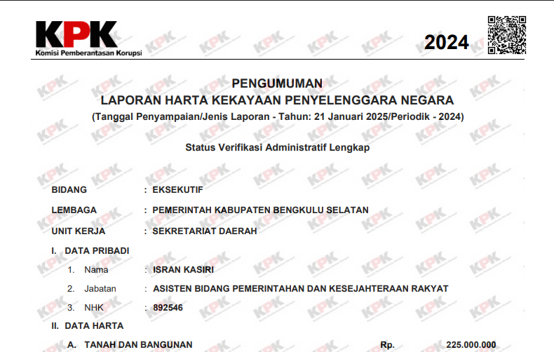 Isran Kasiri Laporkan Kekayaan Rp415 Juta, Termasuk yang Terkecil di Kalangan Pejabat Eselon II BS