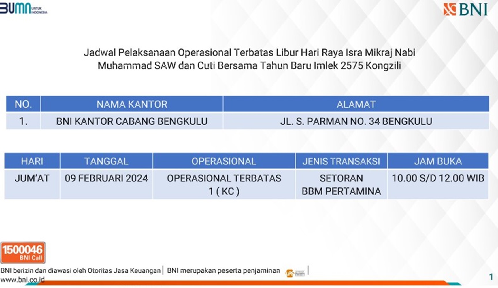 Jadwal Operasional Terbatas BNI Kantor Cabang Bengkulu, Libur Terkait Isra Mikraj Nabi Muhammad, SAW 