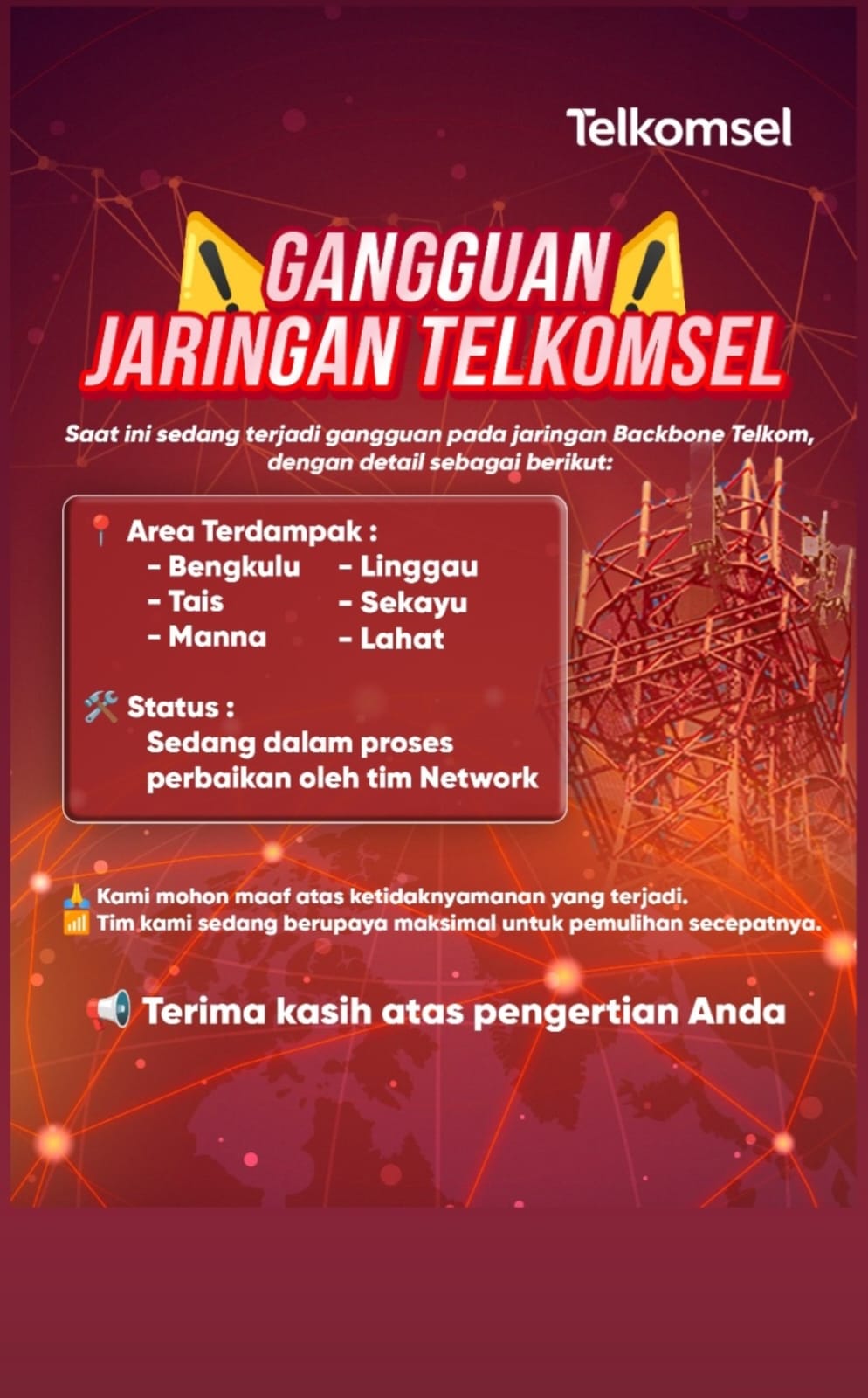 Layanan Telkomsel Error di Bengkulu, Ini Wilayah yang Terdampak
