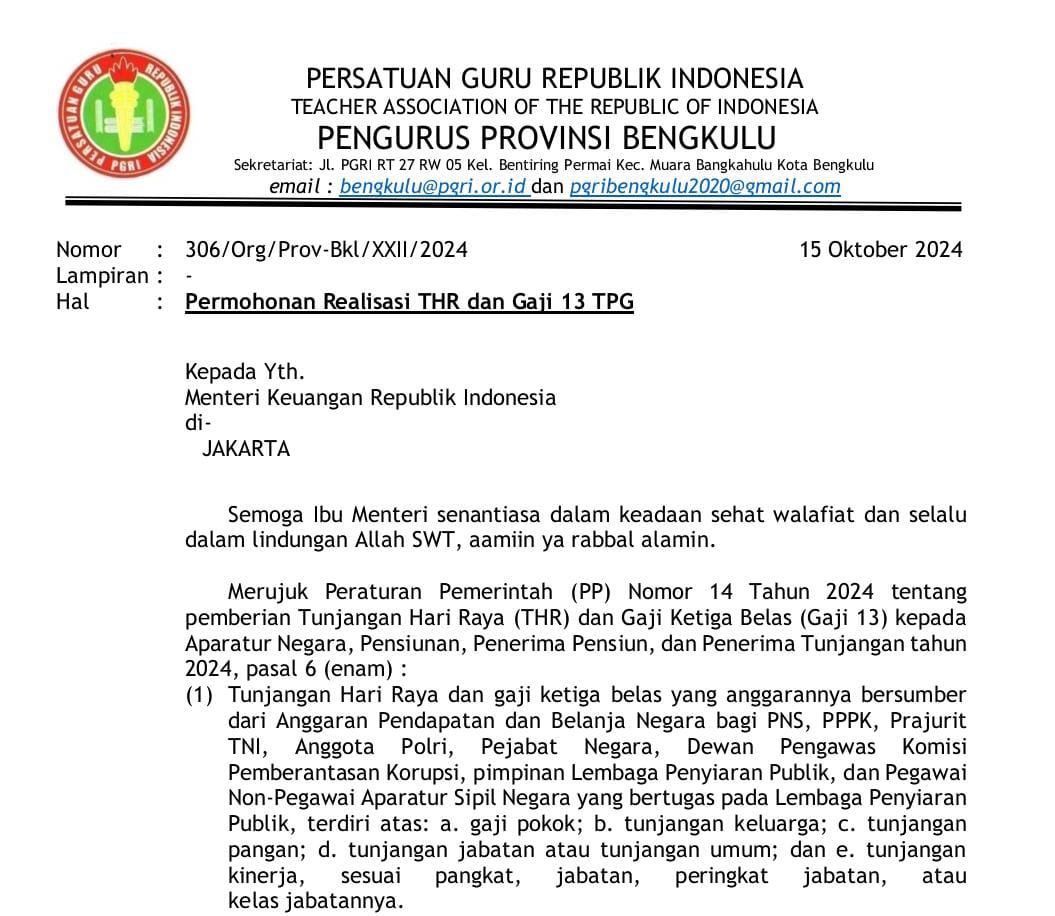 PGRI Provinsi Bengkulu Desak Realisasi THR dan Gaji ke-13 Guru PNS dan PPPK