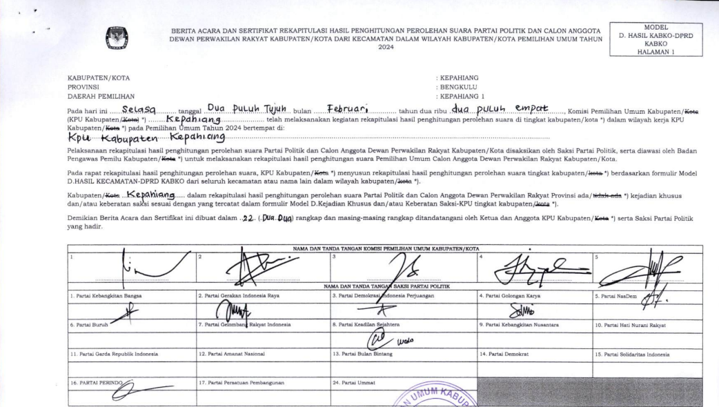 Final! Kursi DPRD Kepahiang, Perindo Berhak Jabatan Ketua: Ini 25 Caleg Terpilih