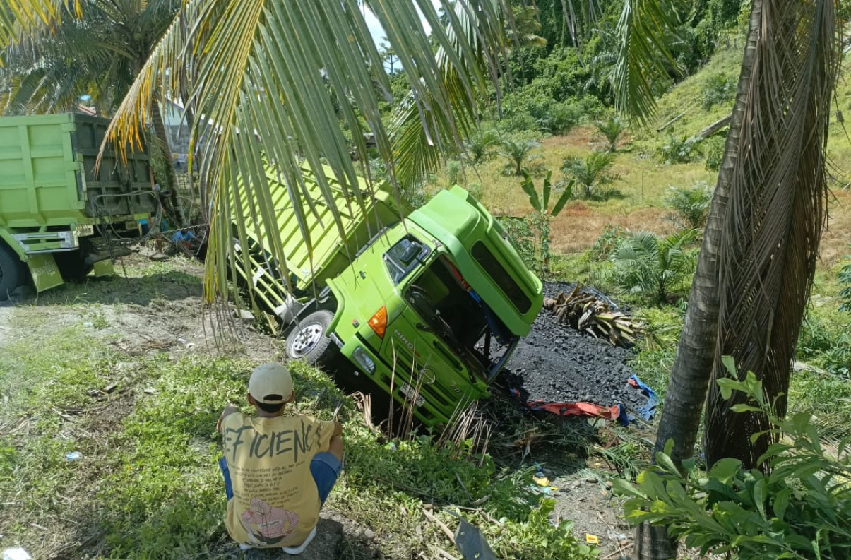 Truk Fuso Bermuatan Batu Bara Terguling ke Jurang, Kerugian Capai Puluhan Juta Rupiah