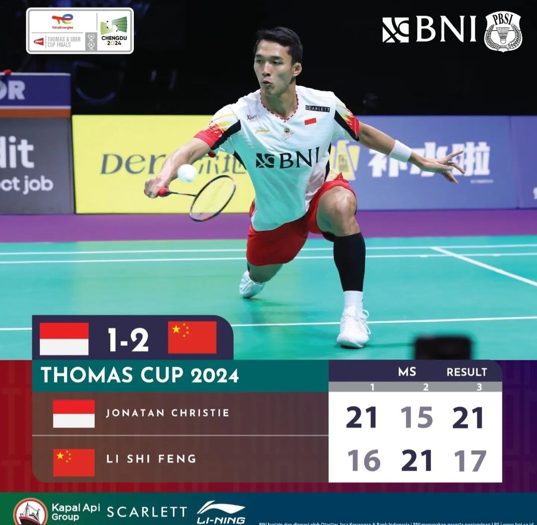 Thomas Cup 2024: Jonatan Christie Berhasil Hadapi Li Shi Feng, Skor Sementara 2-1