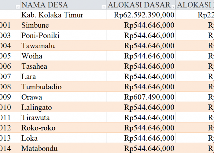 Tabel Rincian Dana Desa 2024 Kabupaten Kolaka Timur, Sulawesi Tenggara: Ini Lengkapnya