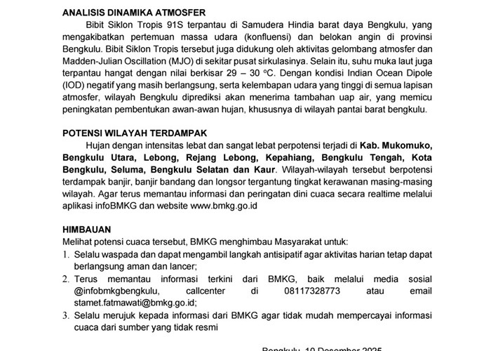BMKG Rilis Peringatan Dini, 10 Wilayah di Bengkulu Waspadai Cuaca Ekstrem Pekan Ini