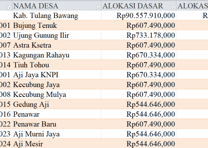 Tabel Rincian Dana Desa 2024 Kabupaten Tulang Bawang, Lampung: Ini Lengkapnya