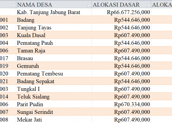 Tabel Rincian Dana Desa 2024 Kabupaten Tanjung Jabung Barat, Jambi: Ini Lengkapnya