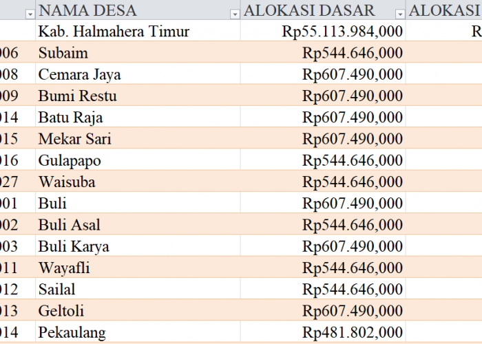 Tabel Rincian Dana Desa 2024 Kabupaten Halmahera Timur, Maluku Utara: Ini Lengkapnya