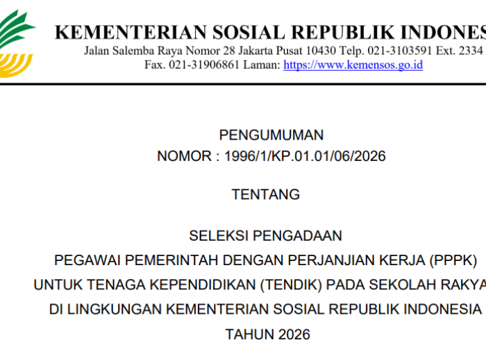 Kemensos Buka 3.191 Formasi PPPK Sekolah Rakyat 2026, Bengkulu Masuk Prioritas Penempatan Wilayah I