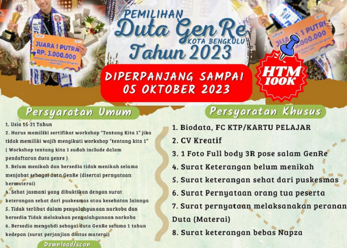 Buruan Daftar! 2 Hari Lagi Pemilihan Duta GenRe Kota Bengkulu 2023