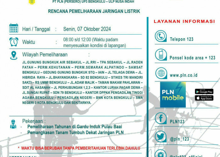 Info Pemadaman Listrik, 7 Oktober 2024: Berikut Sebagian Wilayah Kota Bengkulu yang Terdampak