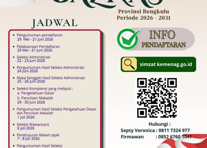 Pemprov Bengkulu Resmi Buka Seleksi Pimpinan Baznas 2026-2031, Pendaftaran Online hingga 21 Juni