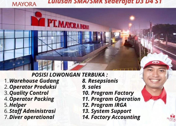 Info Lowongan Kerja, PT Mayora Indah Tbk Rekrut Tamatan SMA/SMK Sederajat