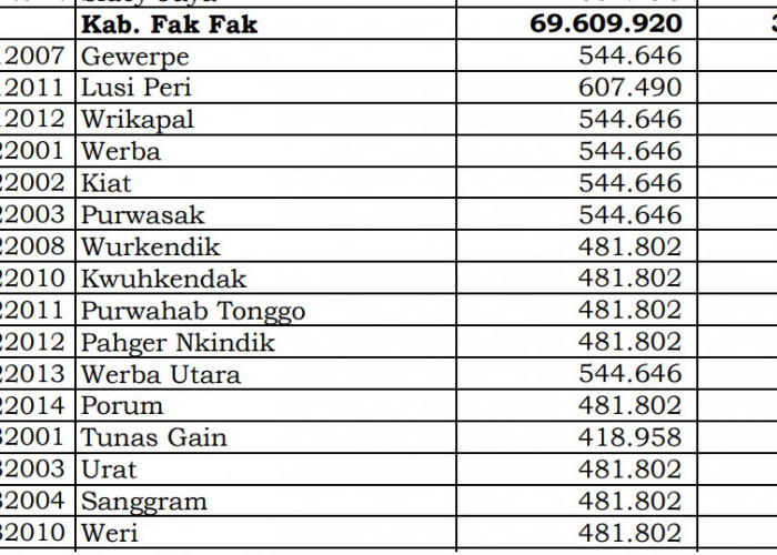 Dana Desa Tiap Desa 2024 di Fak Fak, Papua Barat: 15 Desa 1 Miliar