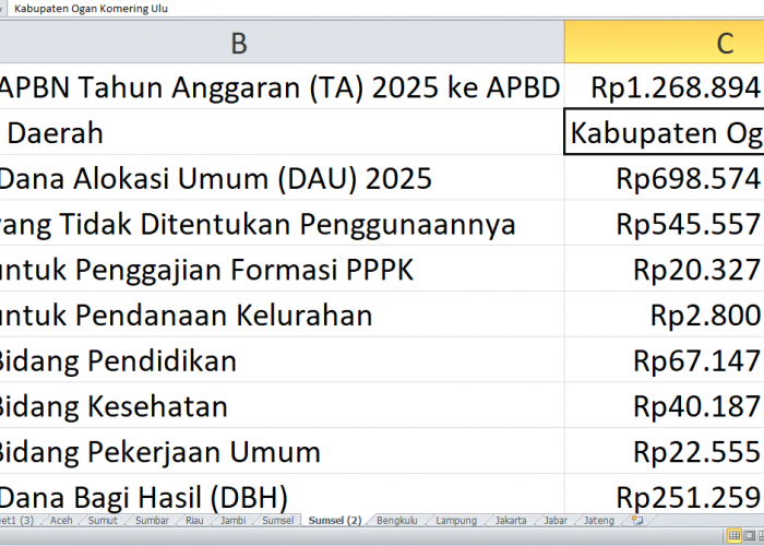 Ogan Komering Ulu Dapat Rp1,26 Triliun dari APBN 2025: Rincian Alokasi Proyek Fisik di APBD 2025